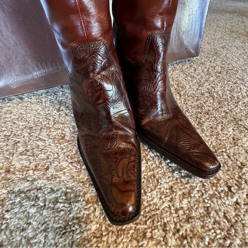 Antonio Melani Cassidy Brown Tooled Floral Leather Western Boots, Size 6.5